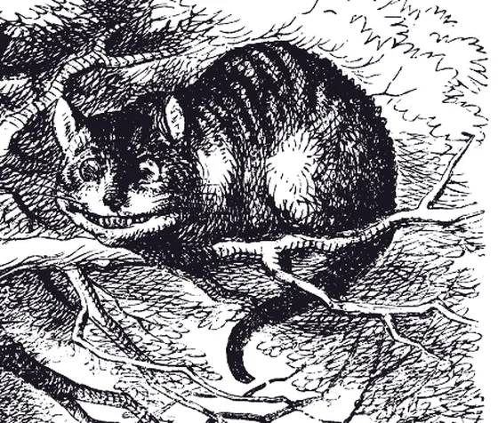 El gato de Cheshire, en la rama, empezando a desaparecer (grabado de John Tenniel)